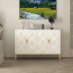 48" Sideboard Buffet Cabinet with Storage, White & Gold Floral Accent Storage Cabinet with 4 Doors, Credenza for Living Room