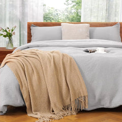 Duvet Cover Set King Size 100% Cotton,Light Gray Waffle Weave Soft and Breathable 3 PCs Bedding Set (1 Duvet Cover and 2 Pillow