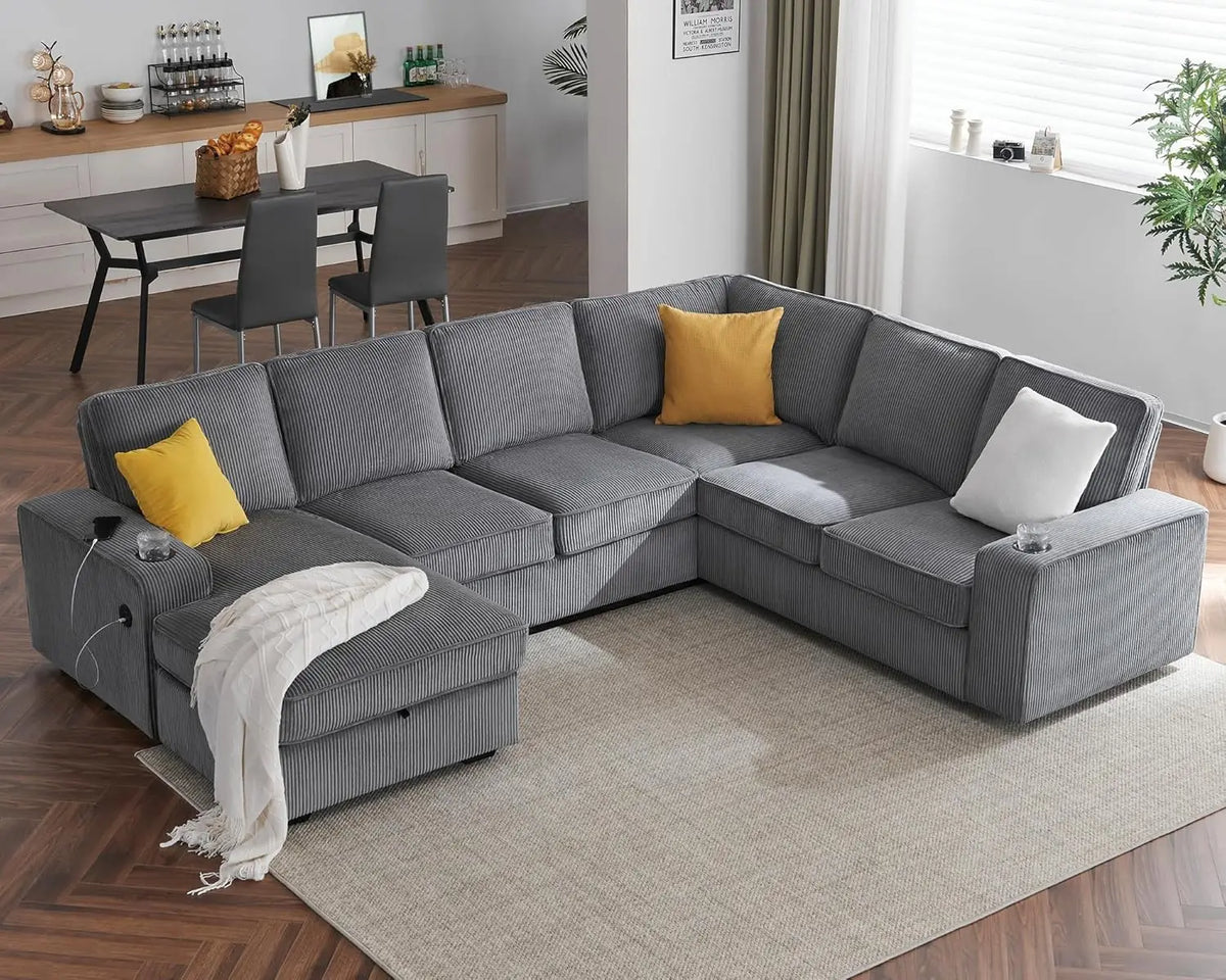 U Shaped Sofa, 7 Seater Sofa with USB Ports, Sectional Sofa Couch with Storage Chaise, Corduroy Beige