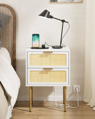 Rattan Nightstand with Charging Station, 2 Drawer Dresser for Bedroom, Small Bedside Table with 2 Drawers, Night Stand,