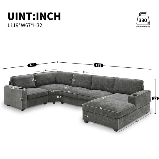 119''x67'' U-Shaped 6-Seat Chenille Sectional Sofa with Oversized Chaise, Deep Seats, Cup Holders, for Living Room, Apartment