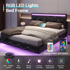 Floating Bed Frame King Size with Led Lights and USB Ports,Faux Leather Platform King Bed Frame with Headboard Easy To Assemble