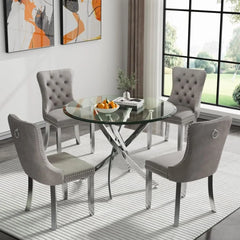 36'' 5 Piece Dining Table Set, Glass Dining Table with 4PCS Gray Tufted Dining Chairs, Silver Legs, Table and Chair Set for 4