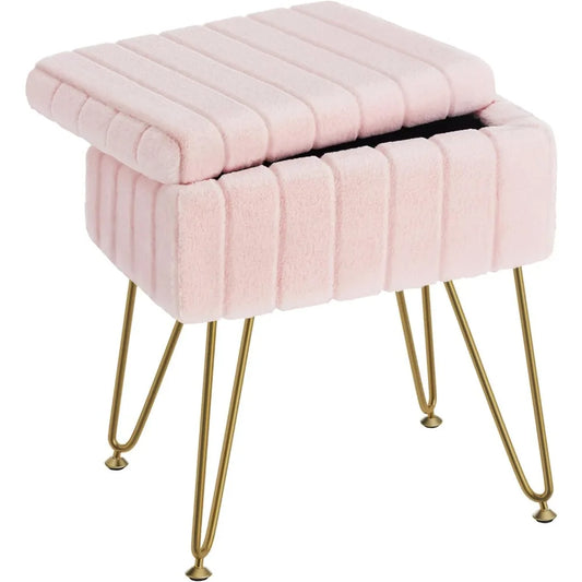 Vanity Stool Chair Faux Fur with Storage,Soft Ottoman 4 Metal Legs with Anti-Slip Feet,Furry Padded Seat,Modern Multifunctional