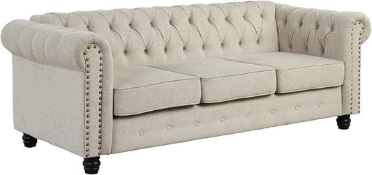 No Sagging Couch, Couches for Living Room 24'' Deep Seat Sofas Couches Pet-Friendly Linen Chesterfield Tufted Sofas, Beige