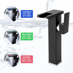 Black Bathroom Vessel Faucet Led Light 3 Color Changing Waterfall Single Handle One Hole Bowl Sink Faucet Vanity Lavatory Deck