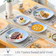 Porcelain Dinnerware Sets for 6, White Dish Set with Pink Floral, 30 PCS Dinner Sets Including Plates