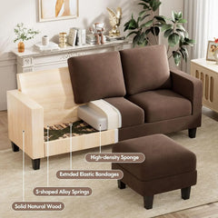 Convertible Sectional Sofa Couch, 3 Seat L-Shaped Sofa with Linen Fabric, Movable Ottoman Small Couch for Small Apartments