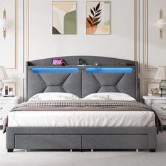 Full Bed Frame with Storage Headboard, Upholstered LED Bed Frame with 2 Storage Drawers Charging Station,Wood Slats Support