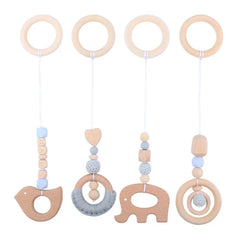 3/4 Pcs Baby Gym Frame Beech Wood Ring Baby Fitness Rack Pendants Silicone Beads Teether Newborn Stroller Rattle Play Gym Toys