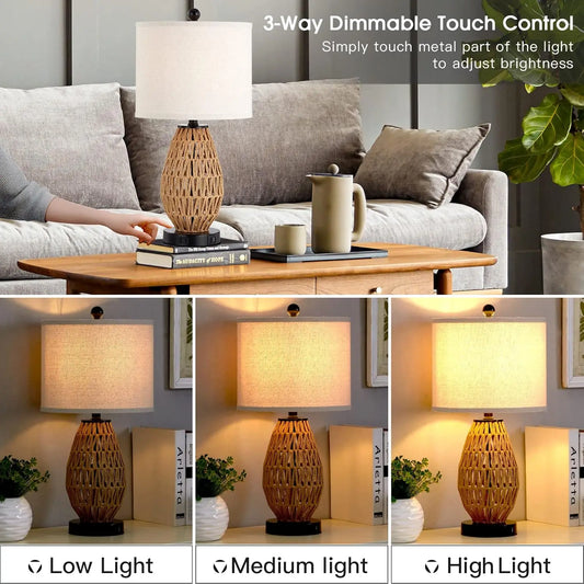 Touch Control Rattan Table Lamps, 3 Way  Bedside Lamps for Bedroom Set of 2 with 2 USB Ports and AC Outlet, Wicker