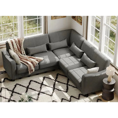 Fabric L Shaped Sofa Small Sectional Couch with Chaise Solid Corner Sofa Small L Couches 5 Seater Sofa Light Grey