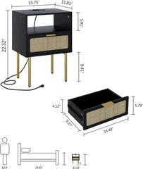 Rattan Nightstand with Charging Station, 2 Drawer Dresser for Bedroom, Small Bedside Table with 2 Drawers, Night Stand,