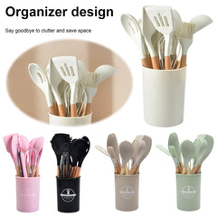 12Pcs Kitchen Utensil Set Silicone Spatula Set Wooden Handle Heat-Resistant Cookware Spatula Spoon Brush Whisk for Kitchen