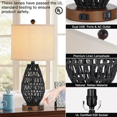 Touch Control Rattan Table Lamps, 3 Way  Bedside Lamps for Bedroom Set of 2 with 2 USB Ports and AC Outlet, Wicker