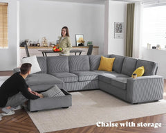 U Shaped Sofa, 7 Seater Sofa with USB Ports, Sectional Sofa Couch with Storage Chaise, Corduroy Beige