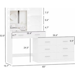 65" Vanity Desk, 8 Drawers Makeup Vanity Table with Storage Shelf, Modern Dresser with Mirror, Dressing Table for Bedroom