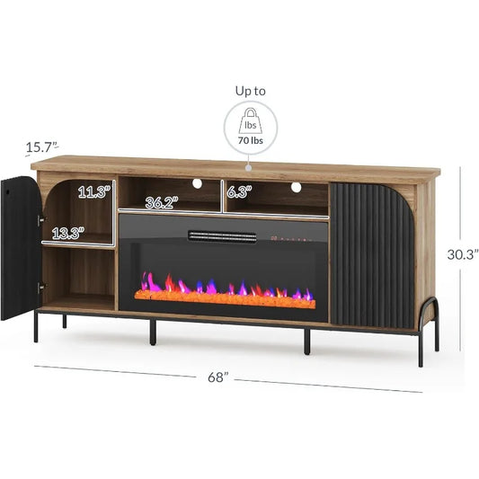 68" Fluted TV Stands with 36" Electric Fireplace, Modern Chic Entertainment Center for TVs Up to 75 inches, Media Console