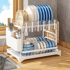 2 Tier Dish Bowl Drainer Storage Rack Kitchen Dish Drying Rack with Drain Basket Rust-Proof Countertop Dinnerware Organizer