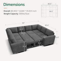 Modular Sectional Sleeper Sofa Bed, Corduroy Pull Out Couch with Storage Ottoman, U Shaped Sectional Couches for Living Room