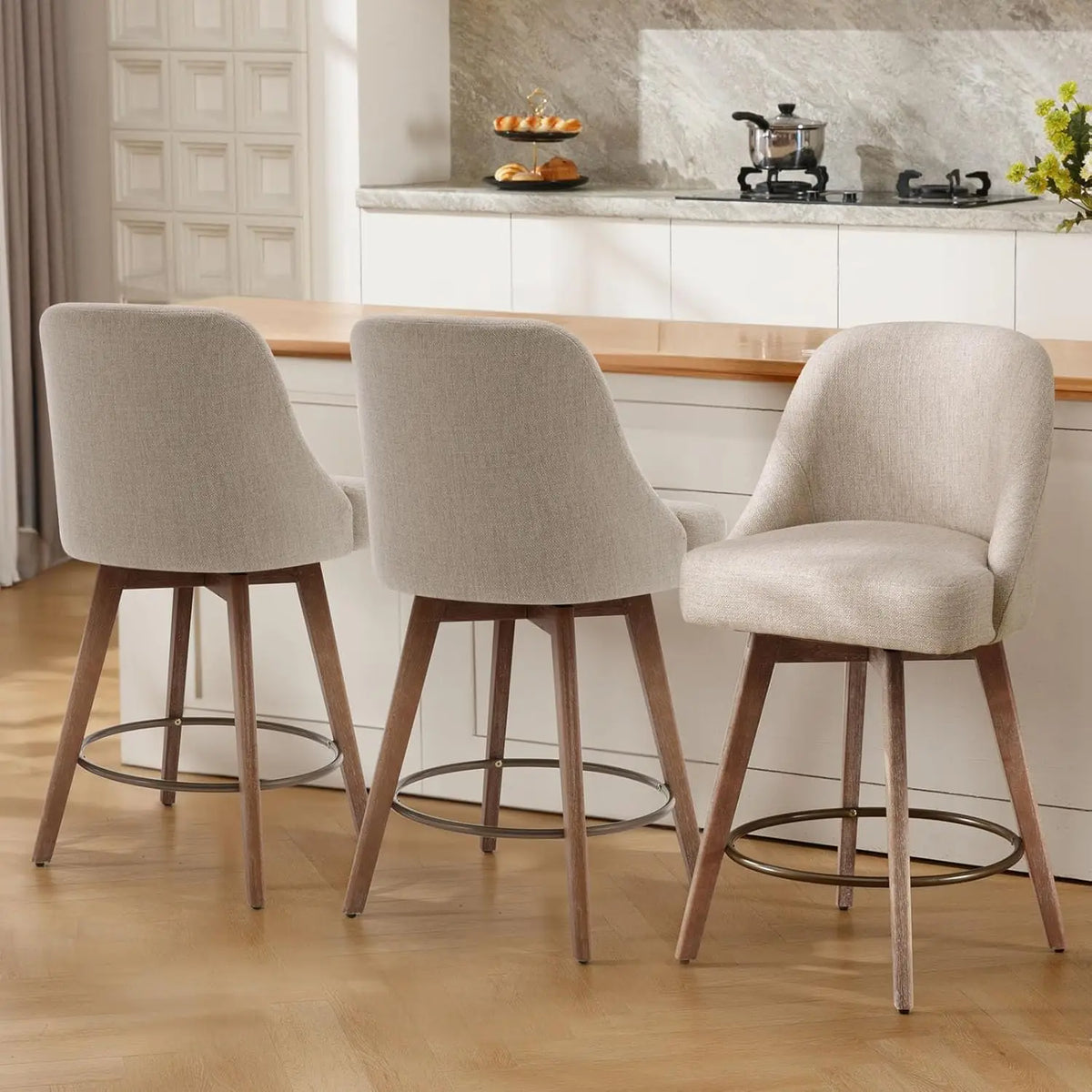 Counter Height Bar Stools Set of 3, Modern Mid-Century Swivel Barstools with Backs and Wood Legs.