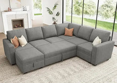 Modular Sectional Sleeper Sofa Bed, Corduroy Pull Out Couch with Storage Ottoman, U Shaped Sectional Couches for Living Room