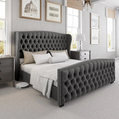 King Platform Bed Frame with Wingback Headboard, Velvet Upholstered Bed Frame with Handmade Button Tufted & Nailhead, Bed Frame