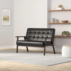 Mid-Century Modern Solid Loveseat Sofa Upholstered Faux Leather Couch 2-Seat Wood Armchair Living Room/Outdoor Lounge C