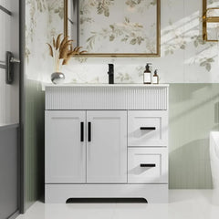 36" Bathroom Vanities Sink Combo Set, Modern Cabinet w/Wave Lines, Undermount Ceramic Sink w/Matte Black Faucet Drain