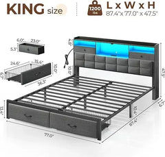 Bed Frame Queen Size with Drawers and Charging Station, Upholstered Platform Bed with Storage Headboard and LED Light,Bed Frames