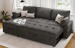 Pull Out Sofa Bed, Modern Tufted Convertible Sleeper Sofa, L Shaped Sofa Couch with Storage Chaise, Chenille Sectional Couch Bed