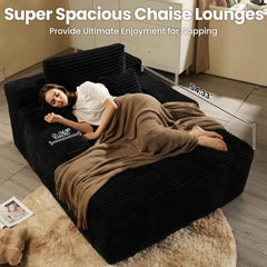 48.43" Chaise Lounge Chair Indoor, Plush Upholstered Sofa Bed with 2 Throw Pillows Comfy Oversize Reclining Sleeper Couch Black