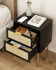 Rattan Nightstand with Charging Station, 2 Drawer Dresser for Bedroom, Small Bedside Table with 2 Drawers, Night Stand,