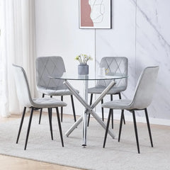 Dining Table and Chairs, 35.4 Inch, 4 Gray Velvet Dining Chairs, Modern Dining Room Sets, Glass Dinings Table Sets