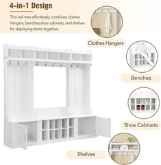 Wide Hall Tree with Storage Bench for Entryway, Bench with 10 Hooks, Coat Rack with Storage Shoe Cubbies and Cabinets, White