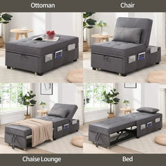 Futon Chair with Lumbar Pillow and 3 Side Pockets, Sofa Bed Chair, Convertible 4 in 1 Ottoman Bed Tufted Fabric Gray (M, Gray)