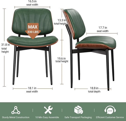 Dining Chairs Set of 8 Mid-Century Modern Upholstered PU Leather Chairs with Walnut Bentwood Back Dark Green Shell Strips