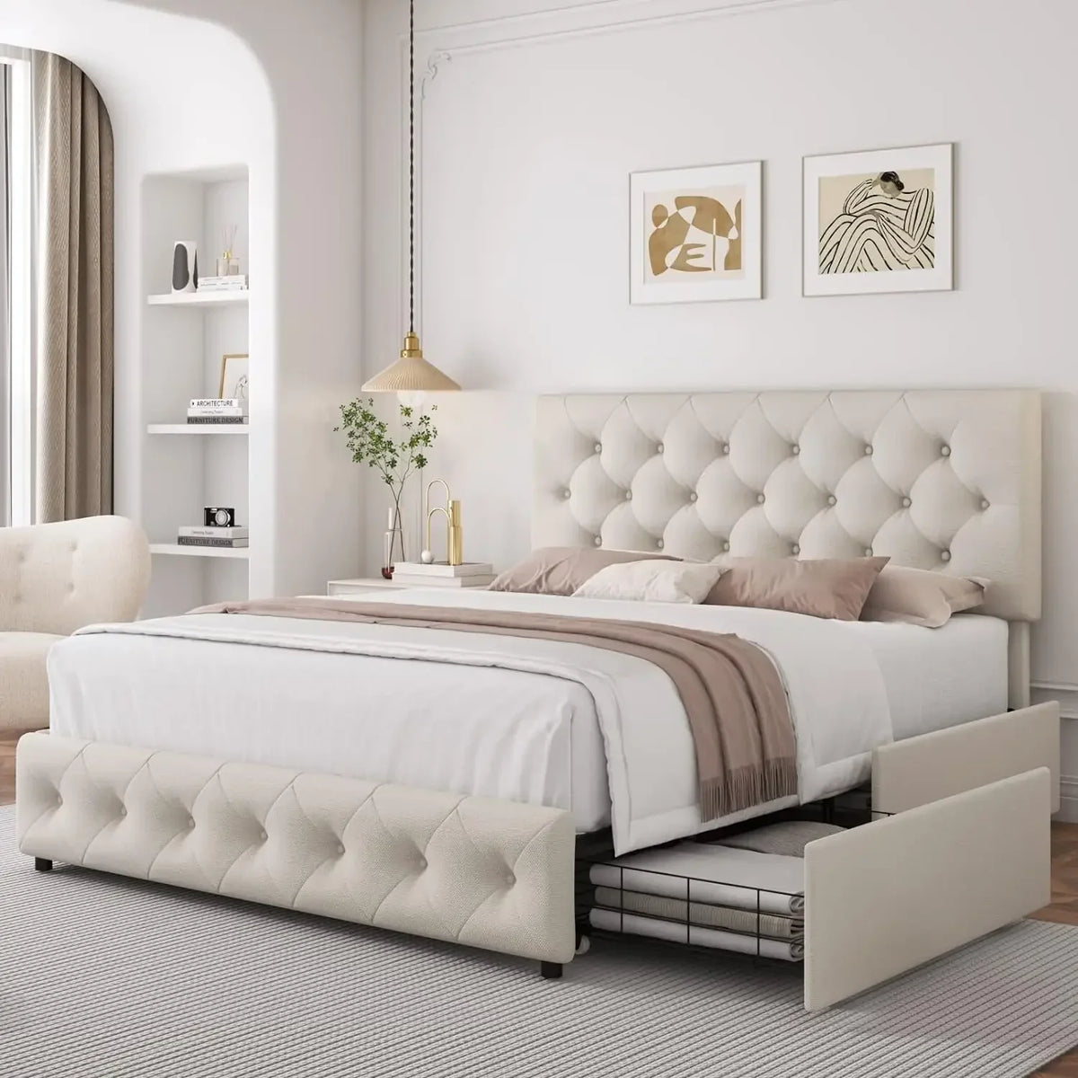 Bed Frame with 4 Storage Drawers and Adjustable Headboard, Upholstered Platform Bed with Button Tufted Design, Strong Wood