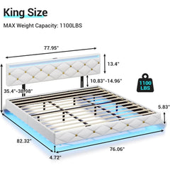 Floating Bed Frame King Size with Led Lights and USB Ports,Faux Leather Platform King Bed Frame with Headboard Easy To Assemble