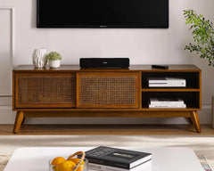 59 Inch Mid Century Modern TV Stand with Rattan Cabinet Doors