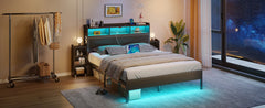 Bed Frame with Bookcase Storage Headboard,Slide Out Bedside Storage, Bed with Charging Station&LED Lights Heavy Duty Metal Slats