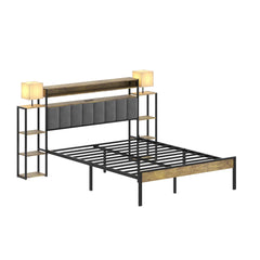 Queen Size Bed Frame with Bookcase Upholstered Headboard, Metal Platform Bedframe with Storage Nightstand and Table Lamp, Bed