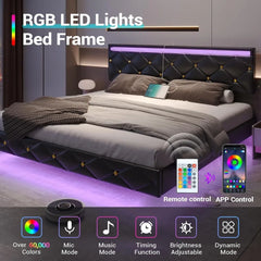 Floating Bed Frame King Size with Led Lights and USB Ports,Faux Leather Platform King Bed Frame with Headboard Easy To Assemble