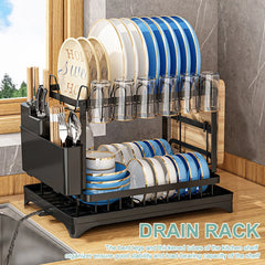 2 Tier Dish Bowl Drainer Storage Rack Kitchen Dish Drying Rack with Drain Basket Rust-Proof Countertop Dinnerware Organizer