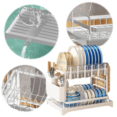 2 Tier Dish Bowl Drainer Storage Rack Kitchen Dish Drying Rack with Drain Basket Rust-Proof Countertop Dinnerware Organizer