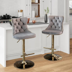 Bar Stools Set of 2,Adjustable Barstools with Back Velvet Tufted Counter Stool Modern Upholstered Bar Chairs with Nailhead