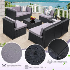 8PCS Outdoor Wicker Rattan Patio Furniture Sectional Set with Hidden Storage 7 Sofa Sections Oversized Cushions