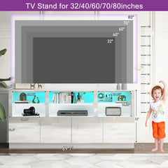 70 Inch LED TV Stand for 70/75/80 Inch TV,Modern Entertainment Center with Storage Shelves and Doors,High Gloss TV Cabinet