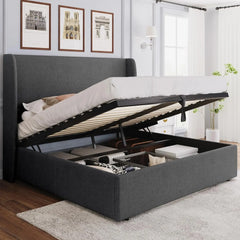 King Size Lift Up Storage Bed Upholstered Platform Bed Frame with Hydraulic Storage/Wingback Headboard/No Box Spring NeededWhite