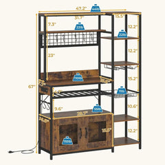 Bakers Rack with Power Outlet, 47.2in Microwave Stand with Storage Shelves, Coffee Bar with Cabinet, Kitchen Pantry Hutch